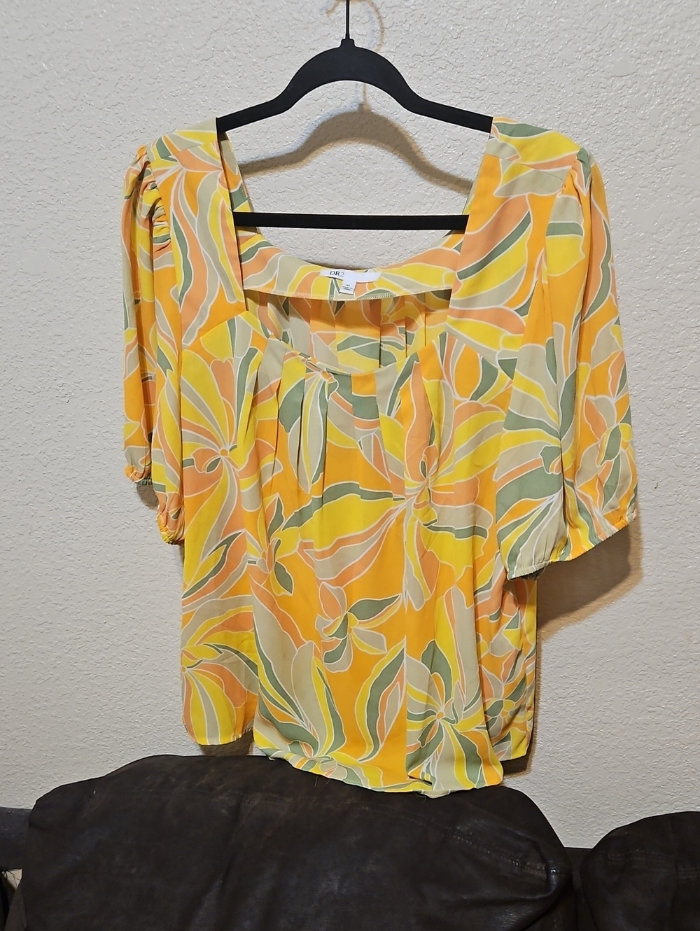 DR2 Yellow Floral Peasant Blouse with Peach & Sage Accents